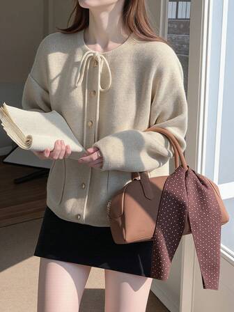 Alicedudu 女士秋冬韩版系带蝴蝶结厚款宽松针织开衫