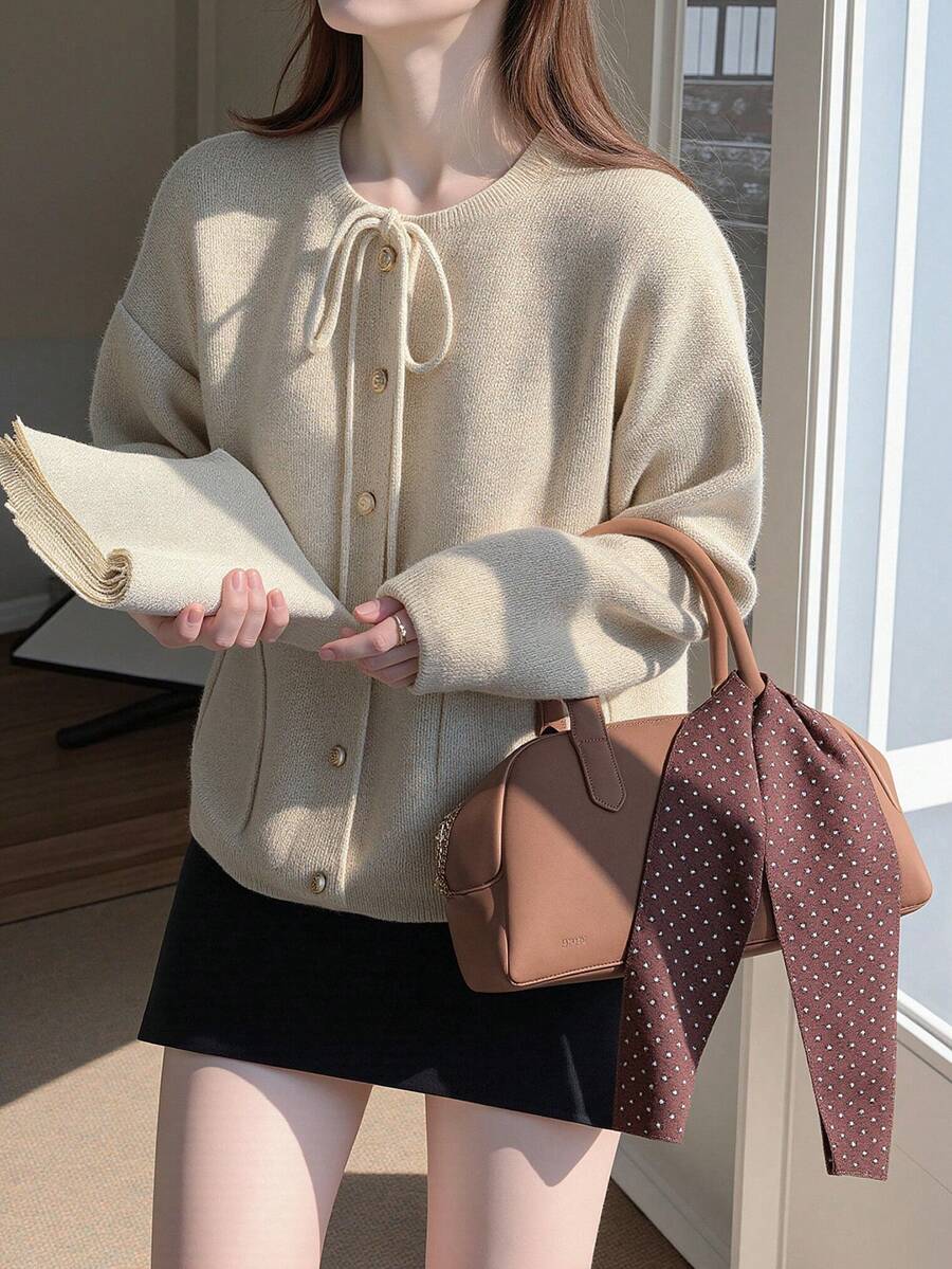 Alicedudu Damen Herbst & Winter Koreanischer Stil Schleife Dicke Loose Strick Cardigan Pullover - Beige - Übersicht 1