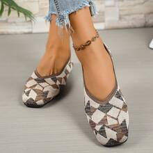 女士公主鞋，撞色几何图案方头针织鞋，女士低帮舒适透气乐福鞋 - 棕米色 - 查看 8