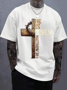 Men's Print T-Shirt - He Is Risen Matthew 28:6 Cross Crown Thorns Casual Round Neck Short Sleeve Tee For Urban Streetwear, All-Season Comfort Fit
-White - 白色 - 查看 1