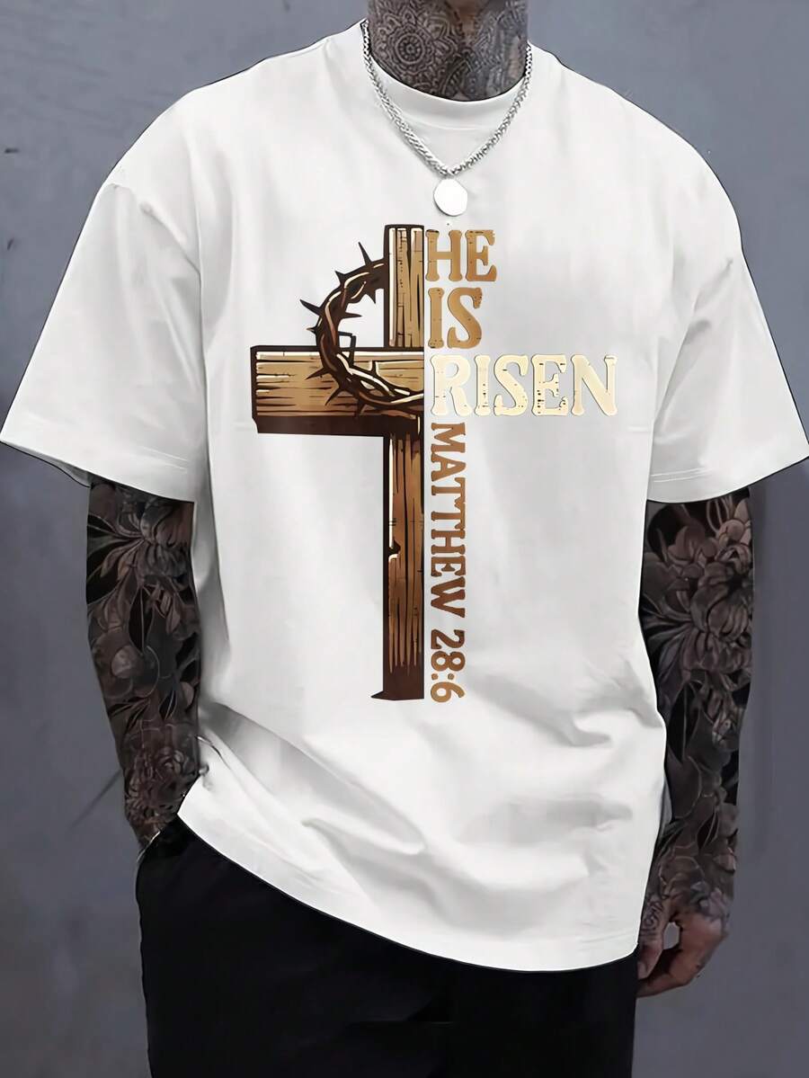 Men's Print T-Shirt - He Is Risen Matthew 28:6 Cross Crown Thorns Casual Round Neck Short Sleeve Tee For Urban Streetwear, All-Season Comfort Fit
-White - 白色 - 查看 1