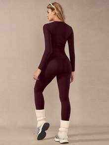 1 Set Women Stretchy Tight Thermal Lined Long Sleeve Top And Pants Activewear Set - Burgundy - View 3