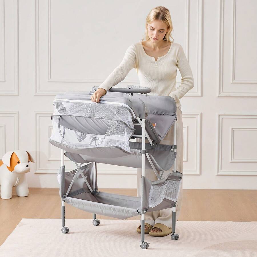 Baby Changing Table, Foldable Diaper Change Station With 2 Fabric Drawers, Side Basket & Hanging Rod, Adjustable Height Portable Changing Table With Lockable Wheels & 2 Star Toys, Light Gray - 2 Fabric Drawers Light Grey - View 1