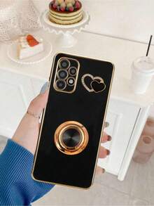1pc Black Shockproof Phone Case, 1pc Black 6D Rotating Holder, 1pc Black Rhinestone Heart-Shaped Phone Case, Suitable Compatible With Apple Phones / Matching Phone Cases / Phone Cases With Lanyard / Phone Cases With Wrist Strap / Fashion Phone Cases - Black - View 4