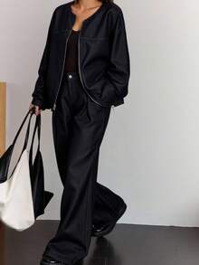 DAZY Bộ 2 món áo khoác nữ cổ tròn cạp chun và quần ống rộng dáng rộng, thường ngày - Màu xanh lam - Xem 5