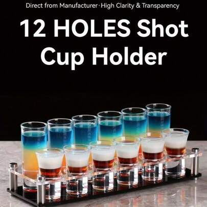1pc Transparent Black Acrylic 12-Hole Cup Holder, Cocktail Glass Storage Tray, Home Bar Party Cabinet Organizer Accessory, Fits Up To 1.5 Inch Diameter Cups