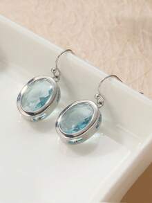 Classic Elegant Sea Blue Oval Crystal Pendant Earrings, Graceful Pendant Earrings, Valentine's Day Gift For Girlfriend - Silver - View 4