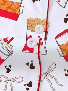 Two Piece Set Of Fried Chicken And French Fries Cola Printed Women's Pajamas, Made Of Milk Silk Material, Breathable And Soft, Including A Collared Shirt And Loose Elastic Shorts, Suitable For Family Gatherings, Birthday Gifts, Christmas Parties, Outdoor Activities - 白色 - 查看 7