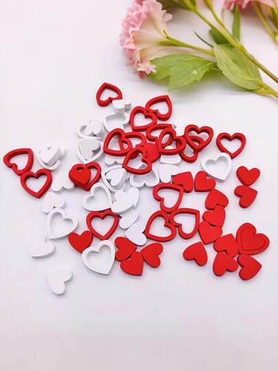 42/72pcs Wooden Hollow Heart Shaped Mixed Design, Red Base With White Texture Or Natural Wood Color With White Texture, Party Decoration Set, Suitable For Wedding Season, Valentine's Day, Party Decoration, Events And Party Supplies, Applicable For Christmas, New Year, Valentine's Day And Various Party Occasions, Home Decor, Room Decoration
