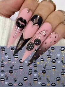 2 miếng dán móng tay hình trái tim, môi và quả anh đào độc đáo, họa tiết trái tim viền đồng kim loại, thích hợp cho móng acrylic, phụ kiện trang trí móng 3D tự dính. - Nhiều màu - Xem 2