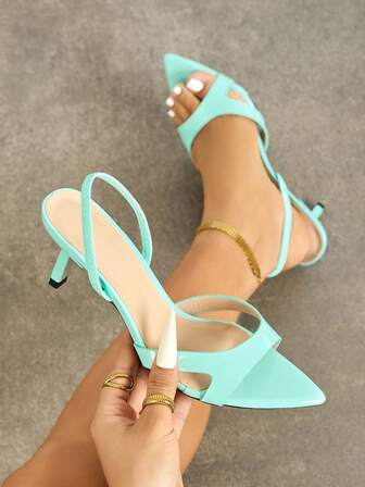 Women's High Heel Shoes, Suitable For Spring/Summer Nightclub, Party, Ball, Outdoor, Fashion High-End Kitten Heel Pointed Toe Shiny Criss-Cross Strap High-Quality Soft Mirror Material Sexy Elegant Ankle Strap, Comfortable For Any Formal Occasion, Teal Blue Color, Versatile Women's Formal Sandals, Gorgeous Kitten Heels
