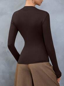 Áo thun nữ thanh lịch, cài cúc, màu trơn, kiểu dáng cổ điển, ôm sát, gợi cảm. - Cà phê nâu - Xem 5
