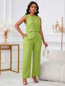 2pcs Women Sleeveless Casual Elegant Top And Pants Set With Slant Pockets & Button Details - Lemon Green - View 7