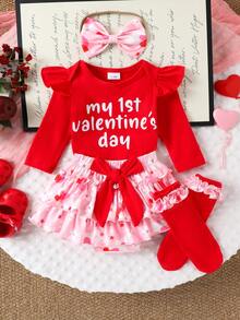 2件套女婴可爱爱心图案长袖连体衣+裤子+发带+腿套，秋冬款