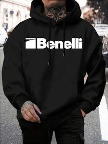 Men'S Stylish Red Benelli Graphic Hoodie - Casual Pullover With White Print, Long Sleeves, And Drawstring Collar, Perfect For Winter, Winter Hoodie| Hoodie|Comfortable Fit - Black - View 1