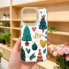 Cubierta de teléfono con diseño navideño blanco con árboles de navidad corazones bolas y texto Love para temporada festiva Aplicable a los teléfonos de la serie Apple y Galaxy - Negro - Ver 5