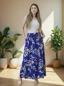 Steve Store Women's Fashion Skirt In Viscose Linen Fabric With Lining, Elastic Waistband, Pockets And Side Slits. - 寶藍色 - 查看 1
