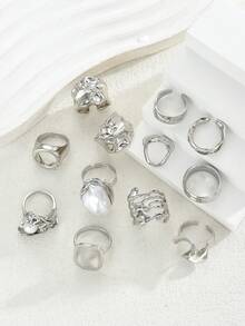 12/3 chiếc nhẫn hoa ngọc trai bất đối xứng, hình học, hiệu ứng tua rua, hình tròn rỗng, kết cấu kim loại nhiều lớp, kích thước cực lớn, phong cách mạnh mẽ, cổ điển thanh lịch, thích hợp cho các dịp lễ, tiệc tùng, hẹn hò, làm quà tặng, đeo hàng ngày. - Bạc - Xem 4