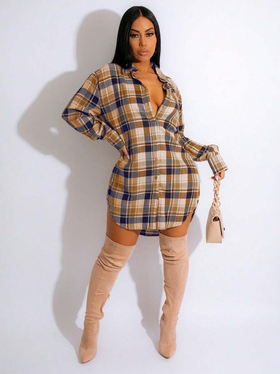 Women's Casual Plaid Shirt Dress, Turndown Collar Long Sleeve Single-Breasted, Street Fashion For Autumn/Winter Elegant - Yellow - View 1