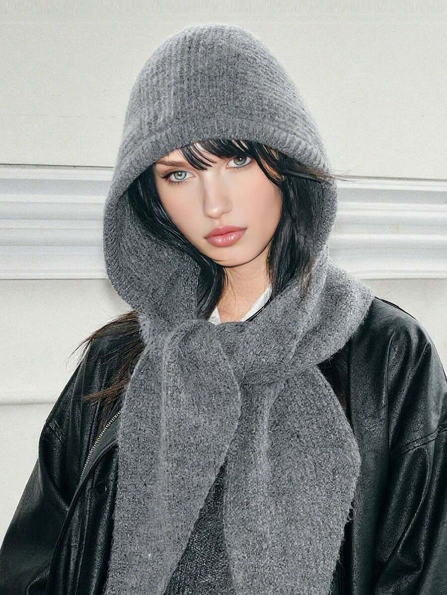 1 pezzo Berretto balaclava da donna di colore unito, cappello lavorato a maglia spesso e caldo con protezione per le orecchie, set elegante e casual retrò di berretto e sciarpa versatile, adatto per uso all'aperto, sci, ciclismo, viaggi, feste, uso quotidiano in autunno/inverno