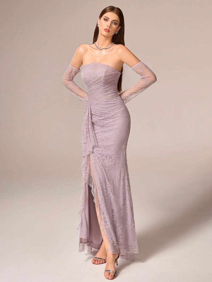 VIPGIRL Luxury Elegant Women's Long Lace Dress, Strapless Off Shoulder With Ruffles Slim Fit For Evening Party, Valentine's Day Wedding Spring - Dusty Pink - View 1