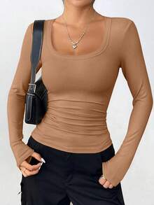 PRETTYGARDEN Women Spring And Fall Long Sleeve Shirts Clothes Cute Going Out Tops Ribbed Tight Fitted Plain Basic Tee Tshirts Vacation Outfits For Women - 淺駝色 - 查看 1