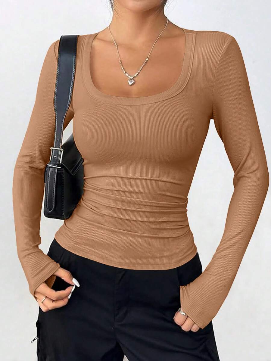 PRETTYGARDEN Women Spring And Fall Long Sleeve Shirts Clothes Cute Going Out Tops Ribbed Tight Fitted Plain Basic Tee Tshirts Vacation Outfits For Women - 淺駝色 - 查看 1