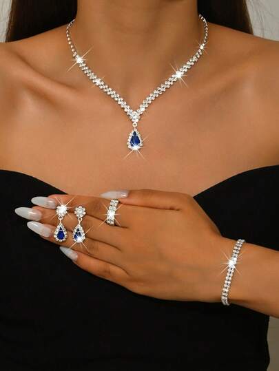 3pcs/Set Silver Metal Rhinestone Necklace, Earrings And Bracelet Jewelry Set, Bridal Wedding Accessories