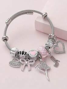 Elegant Princess Style Pink Butterfly Pendant Fully Rhinestoned High Heel Ballet Heart DIY Bangle, Suitable For Daily Wear, Festivals, Parties, Gifts