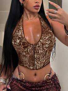 Apperloth A Y2K 复古豹纹 V 领系带露背抹胸短款上衣，带金属孔眼，派对服饰