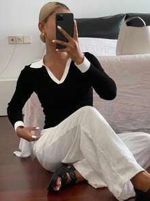 Livesso Áo len cổ bẻ màu trơn phong cách công sở thu đông, áo dài tay, quần áo nữ mùa thu - màu đen - Xem 2