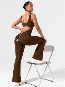 VVX Womens Flare Jumpsuits One Piece Seamless Butt Scrunch Workout Romper Square Neck Backless Wide Leg Unitard Fall Women Outfits - 棕色 - 查看 2