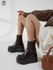 DESAI 1 Pair Women's Chunky Heel Chelsea Ankle Boots, British Style Short Boots, High Heel Boots With Side Zipper Design - Dark Brown - View 1