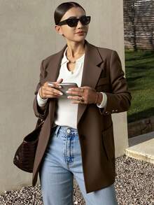 Livesso Women's Solid Color Turndown Collar Long Sleeve Casual Business Blazer,Fall Clothes - Coffee Brown - View 7