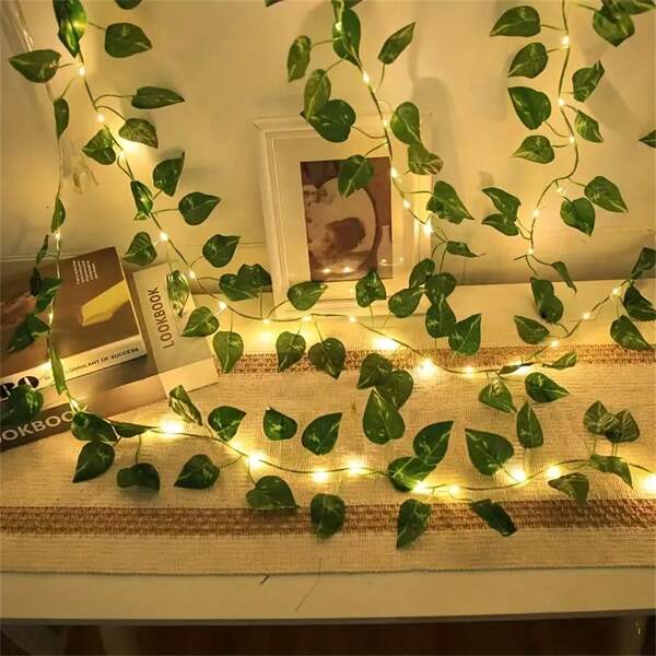 1pc 2/5/10m 20/50/100LED Durable Fairy LED Light String, Simulated Green Ivy Leaves, Easy To Install, Suitable For Family Gatherings, Weddings, Valentine's Day, Garden Decoration, Powered By Battery Box - Battery Free