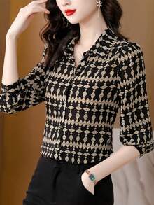 YUXIN 女士春夏复古几何印花衬衫，翻领长袖，日常通勤/轻度社交场合，透气修身时尚休闲上衣，黑色 - 黑色 - 查看 5