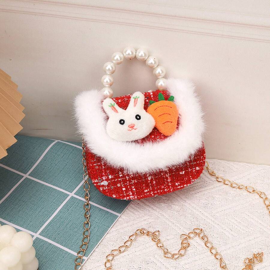 Princess Style Chain Bag Pearl Accessories Cute Children's Handbag Bow Unique Girl's Shoulder Bag - 毛邊兔子胡蘿蔔 - 查看 1