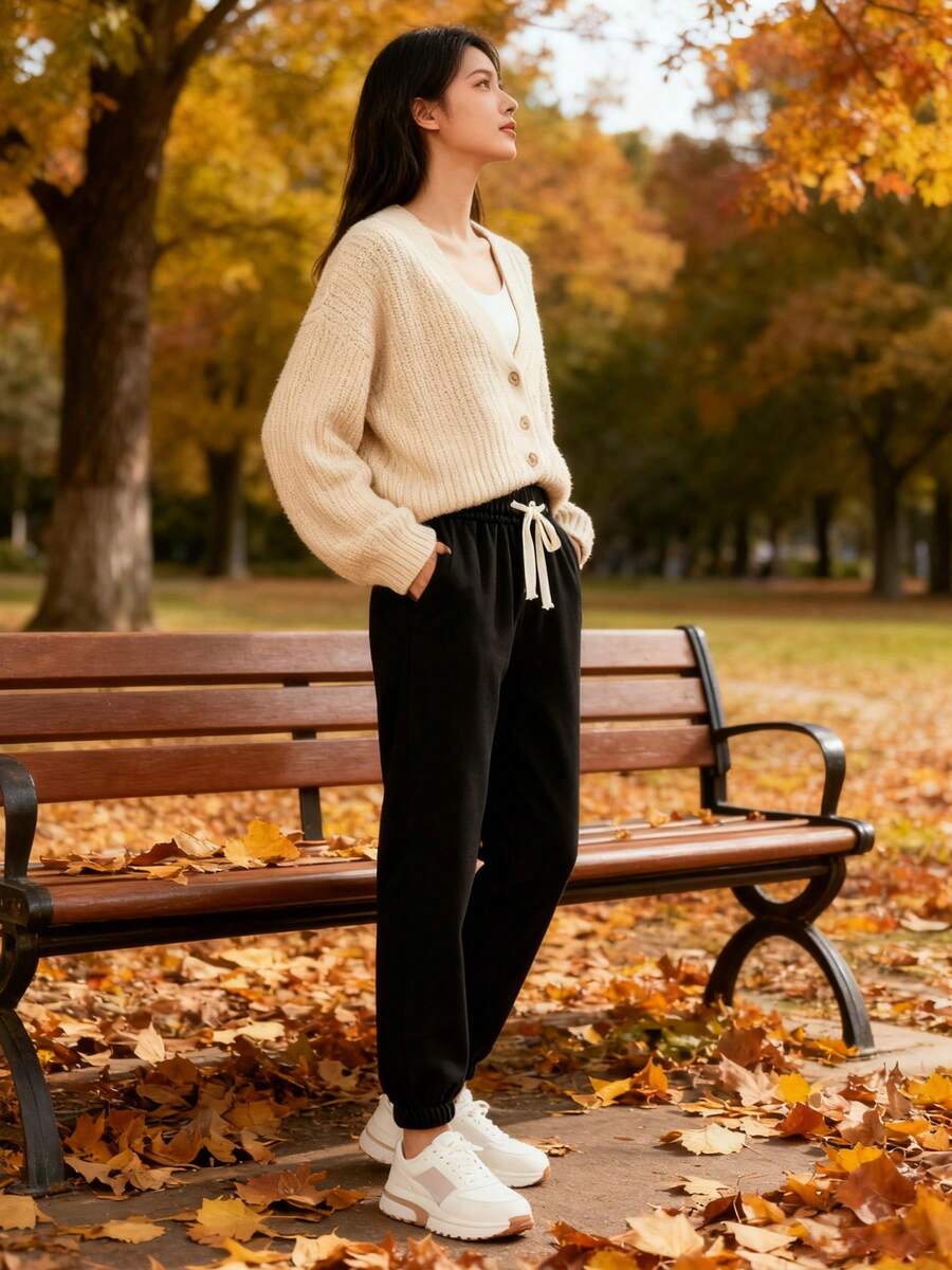 بنطلون نسائي من الفليس الدافئ مع رباط، لون أحادي بسيط | بنطلون رياضي فضفاض بخصر عالي مع رباط، مناسب للخريف/الشتاء للاستخدام اليومي، المنزل، والموضة الشارعية