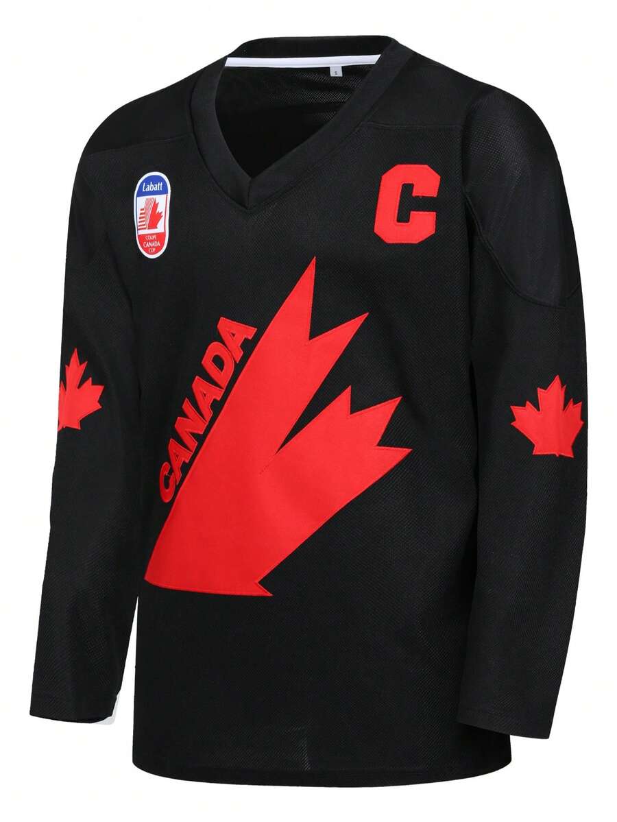 男士冰球球衣 99 黑色 V 领长袖刺绣运动衫 冰球球衣