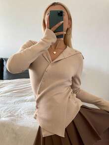 Livesso 女式不对称连帽韩版休闲长袖纯色毛衣，春秋季 - 卡其色 - 查看 2