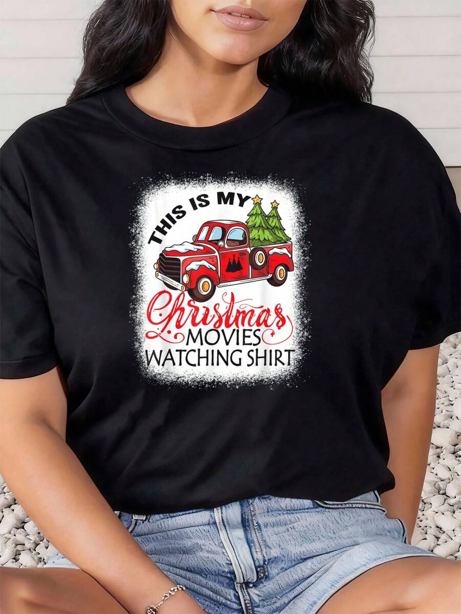 Das ist mein Weihnachtsfilm-Schauen-Shirt, gebleichtes Weihnachts-T-Shirt, Grafik-T-Shirts für Frauen, Crop-Tops, Sommeroutfits für Frauen, Sommeroberteile T-Shirt - Schwarz - Übersicht 1