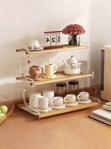 1pc Acrylic Multi-Layer Kitchen Storage Rack, Large Capacity Countertop Organizer, Tabletop Spice Rack, High-End Desk Cup Holder, Tea Set Storage Rack, Multi-Function Home Storage Rack, Suitable For Home, Bar Or Balcony Decor, Light Brown Surface, Kitchen Organization | Modern Kitchen Shelf | Bamboo Shelf, Kitchen Rack And Shelves - Multicolor - View 2