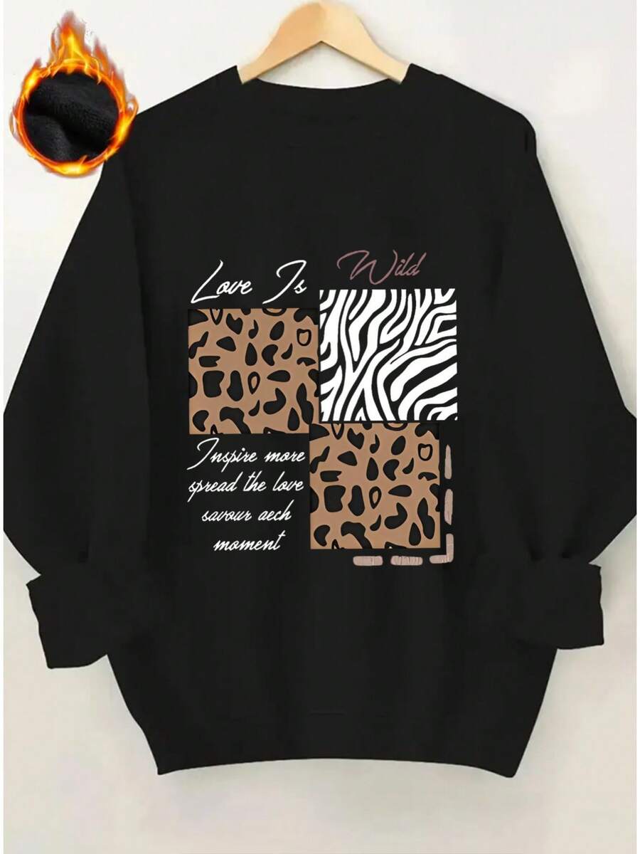 2026 Women's & Animal Print Sweater Leopard Zebra Pattern With Wild Love Feminine Power Letters End Of Season Spring - 黑色 - 查看 1