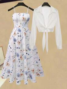 女士优雅碎花长袖连衣裙和夹克两件套，适合约会、通勤和日常穿着 - 彩色 - 查看 2