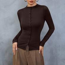 Áo thun nữ thanh lịch, cài cúc, màu trơn, kiểu dáng cổ điển, ôm sát, gợi cảm. - Cà phê nâu - Xem 7