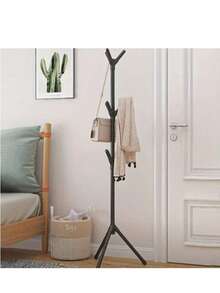 1个现代树形落地式衣帽架 - 稳固的三角形底座，塑料材质，轻巧设计，挂钩可360°旋转，节省空间，适用于玄关、卧室和客厅。北欧简约单杆卧室衣帽架，易于组装，适合家庭、办公室或酒店使用。提供黑色/白色两种颜色，可选6个或9个挂钩，多功能收纳，适合公寓生活。