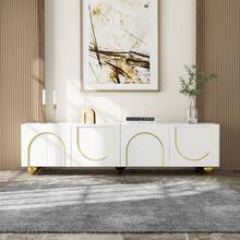 TV Unit, Lowboard With Structured Doors, TV Unit With Drawers, Open Compartments, Gold Handles And Gold Legs - 1 - View 6