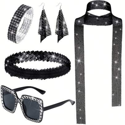 1 Set 70s Disco Accessories - Women's Retro 70s Costume, Includes Sequin Scarf, Headband, Bracelet And Earrings, Suitable For Disco Theme Parties, Halloween, Carnival, Theme Events - Vintage 70s Party Costume Accessories