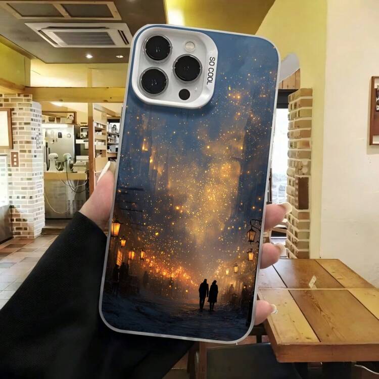 Cubierta de telefono con diseño de cielo estrellado azul oscuro con pareja caminando en la noche para iPhone 14 Pro Max estilo elegante para uso diario y eventos sociales - Blanco - Añade 7
