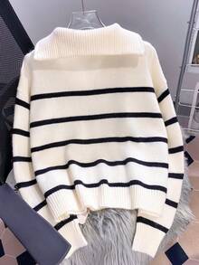 Women's Striped Casual Zip-Up Loose Knit Sweater With Turndown Collar, Long Sleeve - Black - View 6